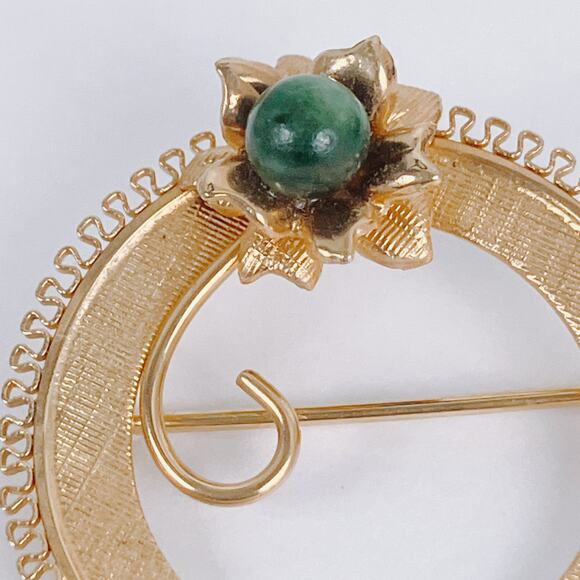 VTG Signed A&Z Brooch Gold Filled Green Jade Gemstone Circle Floral Mid Century - Picture 13 of 14
